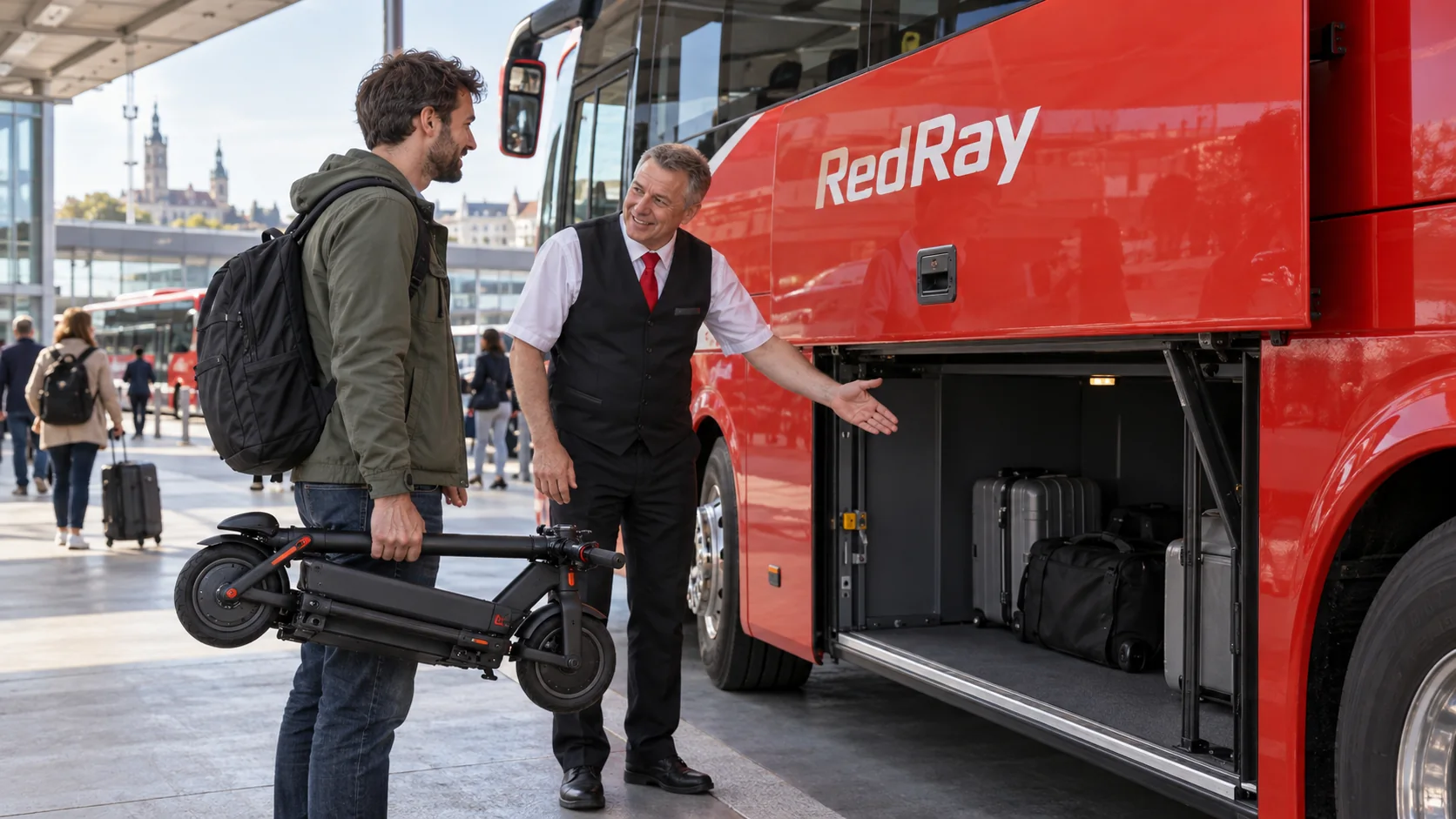 Пасажир погоджує перевезення складеного електросамоката біля автобуса RedRay